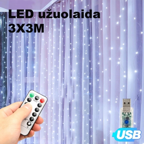 LED USB Užuolaida - Girlianda šaltai balta